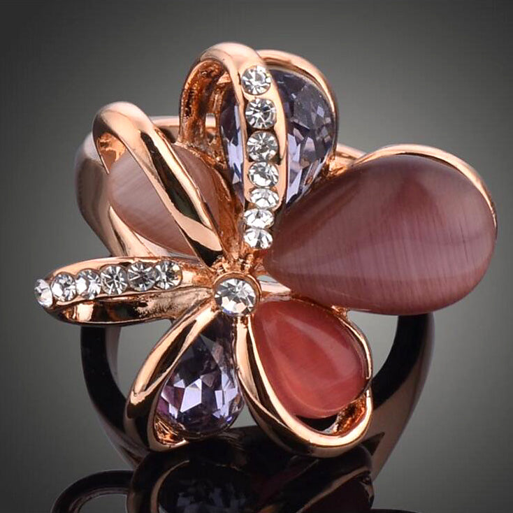 Gold Color Flower Shape Crystal Opal Ring