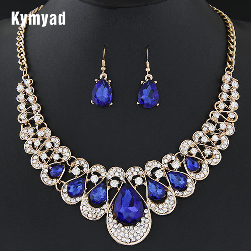 African Beads Gold Color Bridal Crystal Pendant Necklace Earrings Set