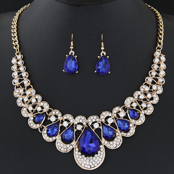 African Beads Gold Color Bridal Crystal Pendant Necklace Earrings Set