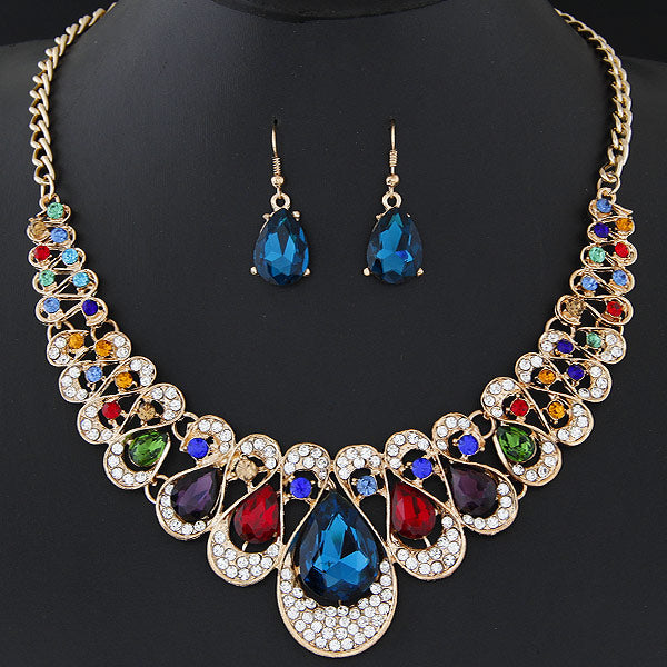 African Beads Gold Color Bridal Crystal Pendant Necklace Earrings Set