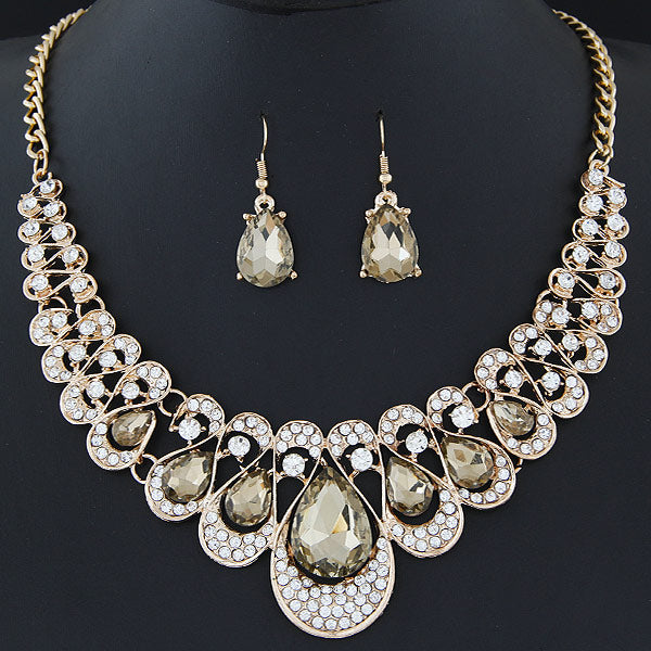 African Beads Gold Color Bridal Crystal Pendant Necklace Earrings Set