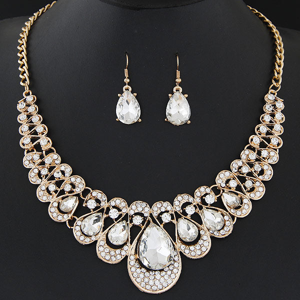 African Beads Gold Color Bridal Crystal Pendant Necklace Earrings Set