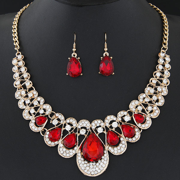 African Beads Gold Color Bridal Crystal Pendant Necklace Earrings Set