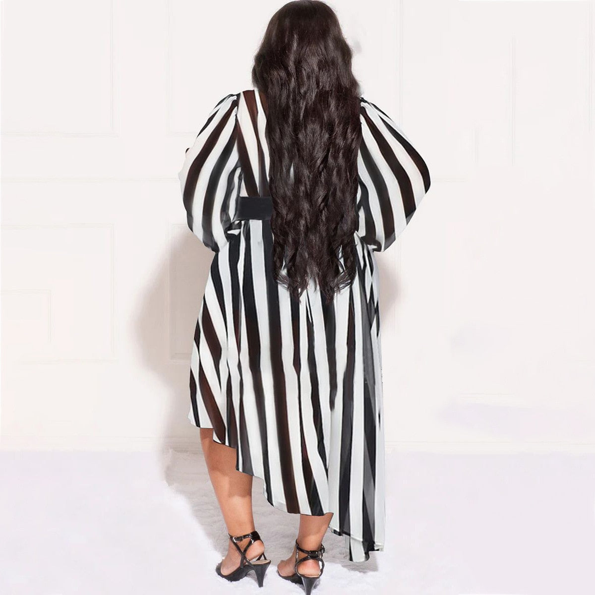 Fall Plus Size Stripe Printing Long Sleeve Irregular Dresses