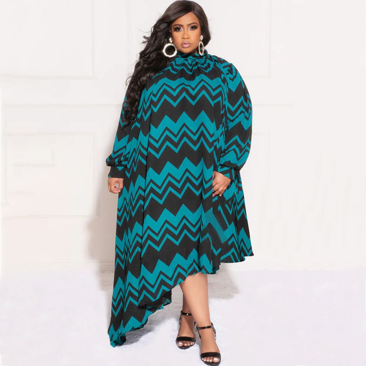 Fall Plus Size Stripe Printing Long Sleeve Irregular Dresses