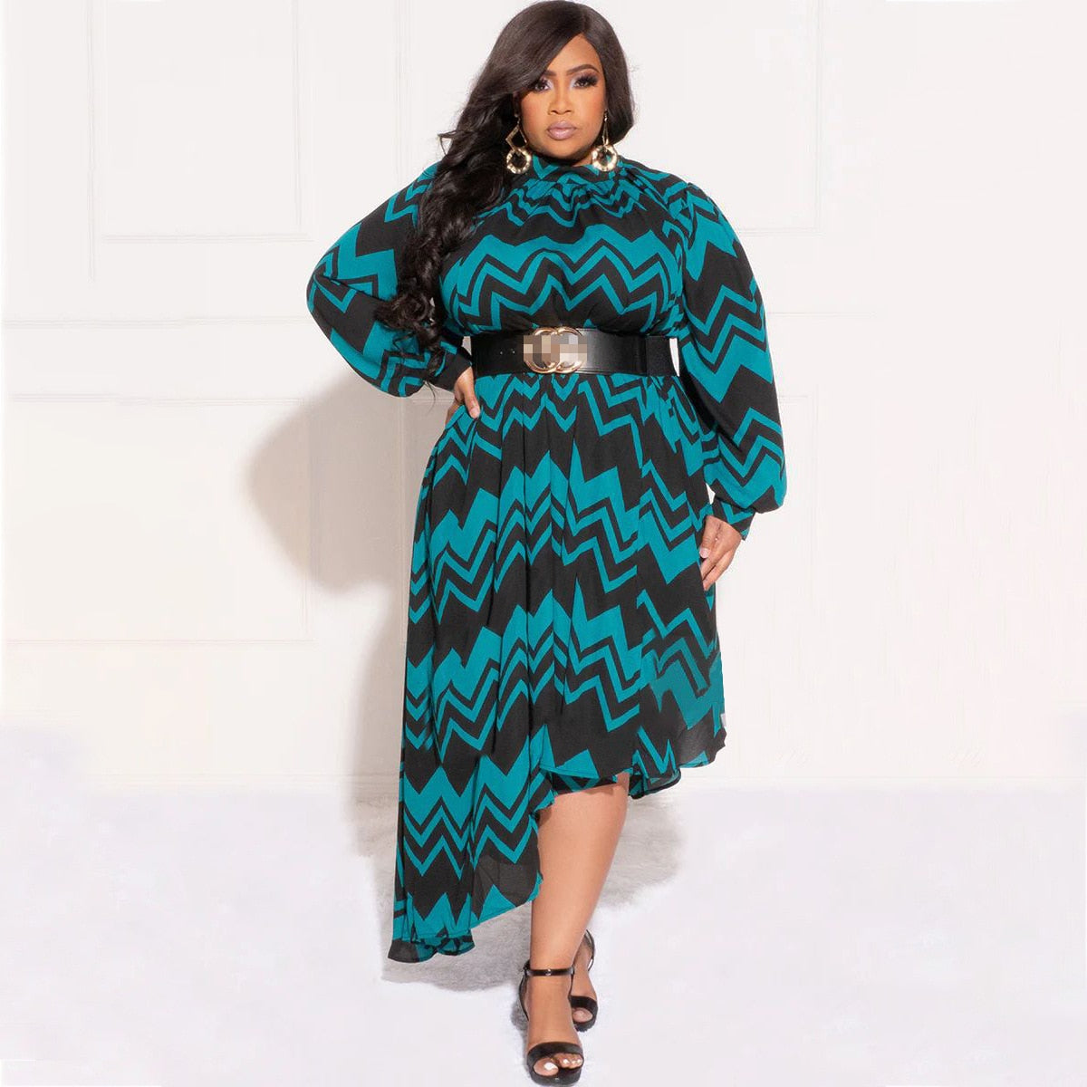 Fall Plus Size Stripe Printing Long Sleeve Irregular Dresses