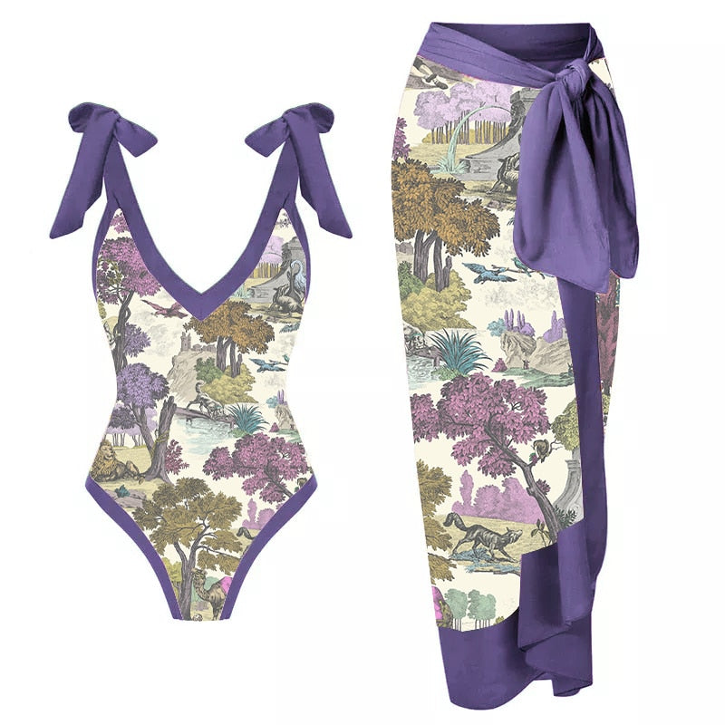 Retro Purple print Deep V one-piece swimsuit and  cover-up
