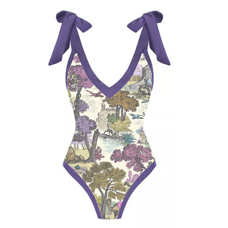 Retro Purple print Deep V one-piece swimsuit and  cover-up