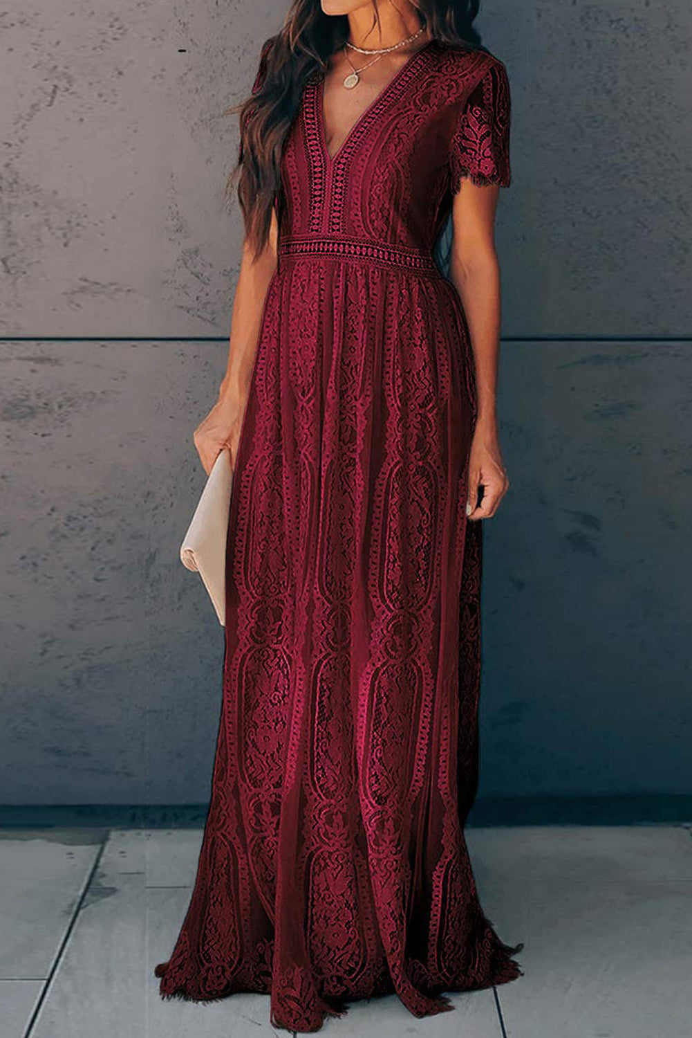 Burgundy Deep V Neck Short Sleeve Lace Maxi Dress