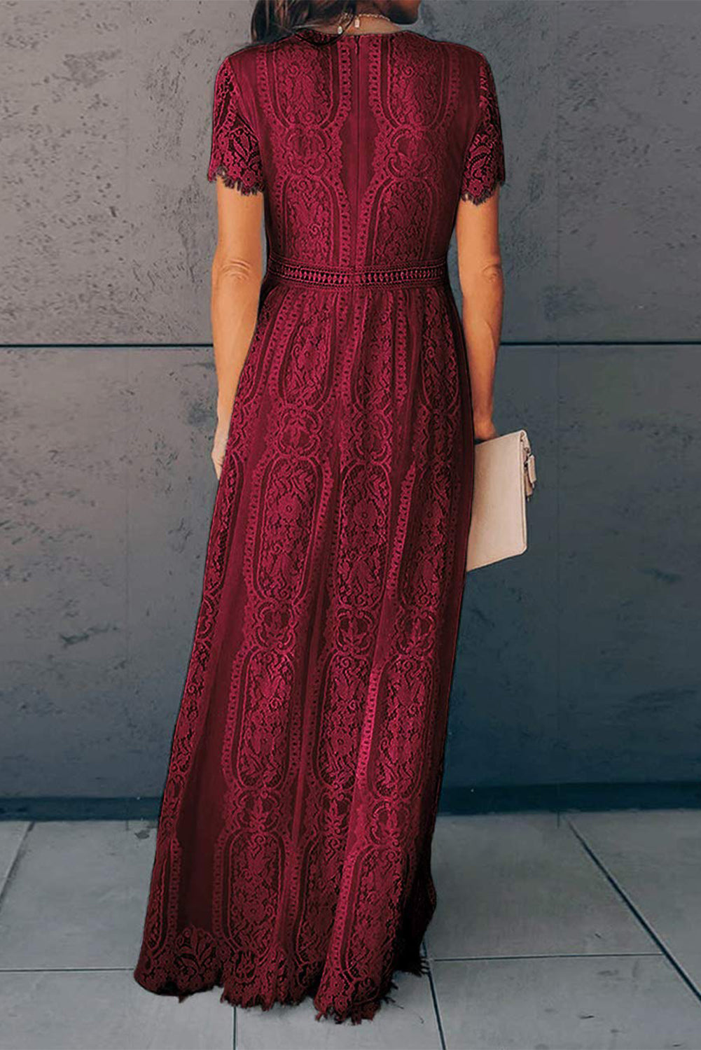 Burgundy Deep V Neck Short Sleeve Lace Maxi Dress