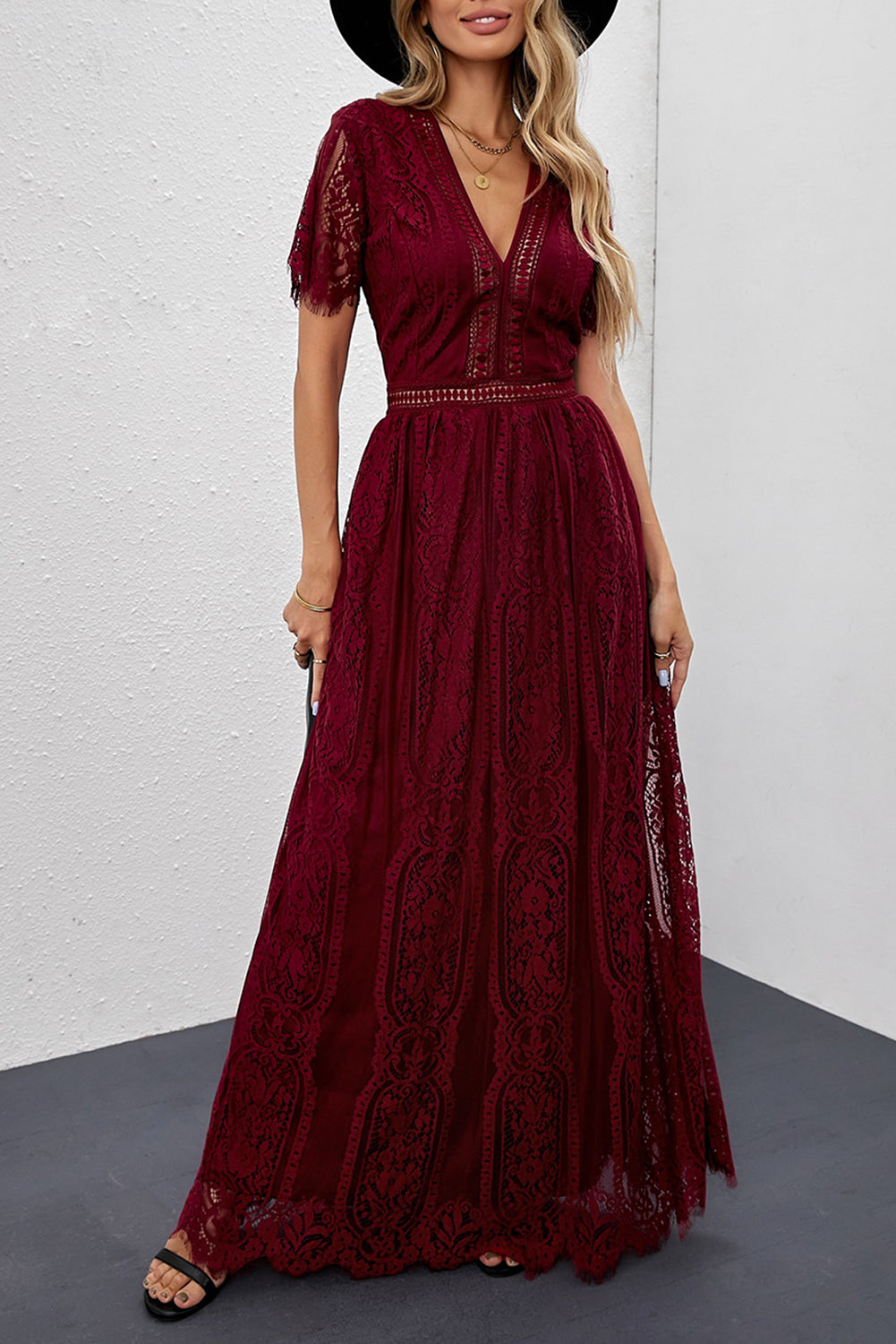 Burgundy Deep V Neck Short Sleeve Lace Maxi Dress