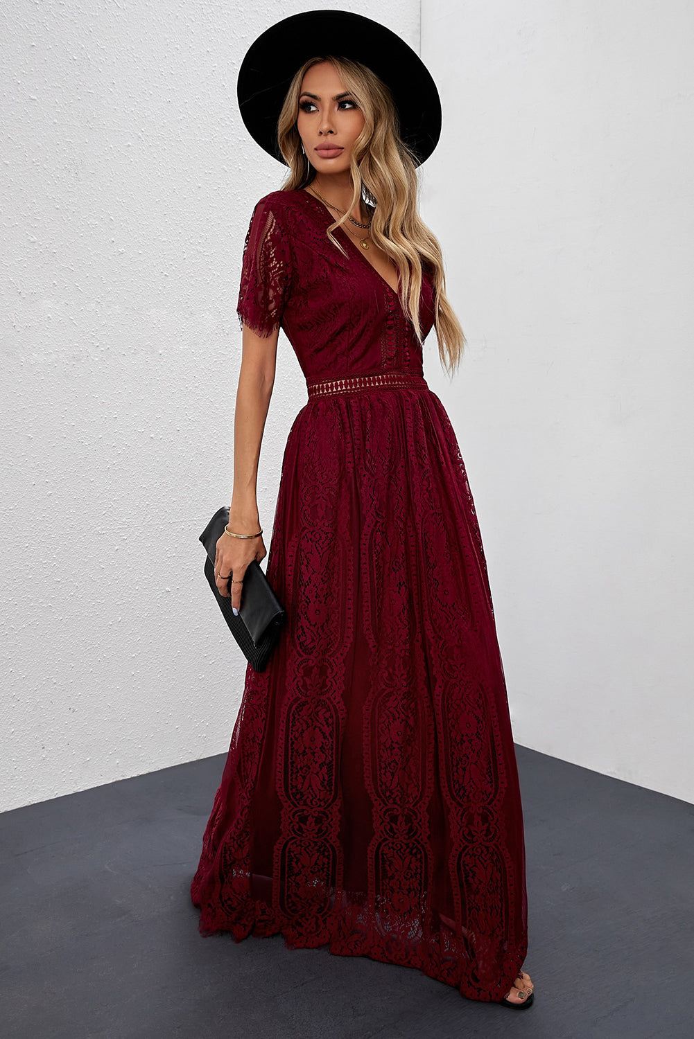 Burgundy Deep V Neck Short Sleeve Lace Maxi Dress