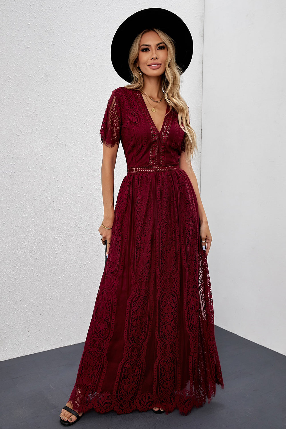 Burgundy Deep V Neck Short Sleeve Lace Maxi Dress