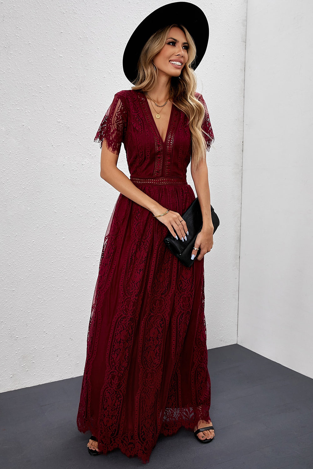 Burgundy Deep V Neck Short Sleeve Lace Maxi Dress