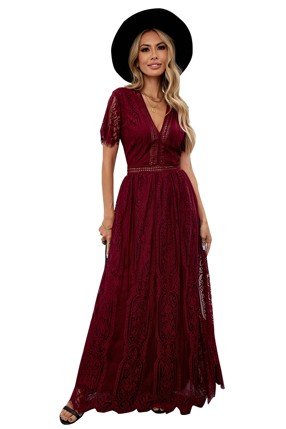 Burgundy Deep V Neck Short Sleeve Lace Maxi Dress