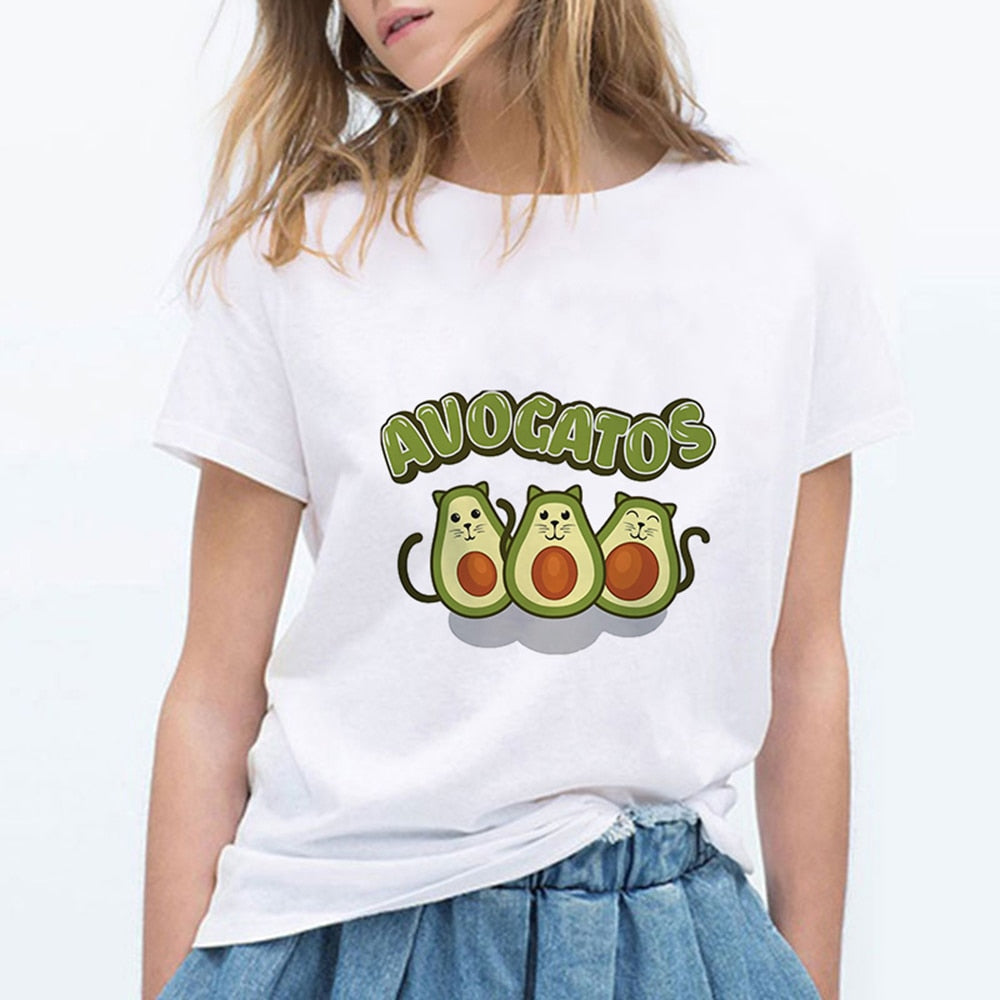 Cartoon Avocado Cat Pattern T Shirt