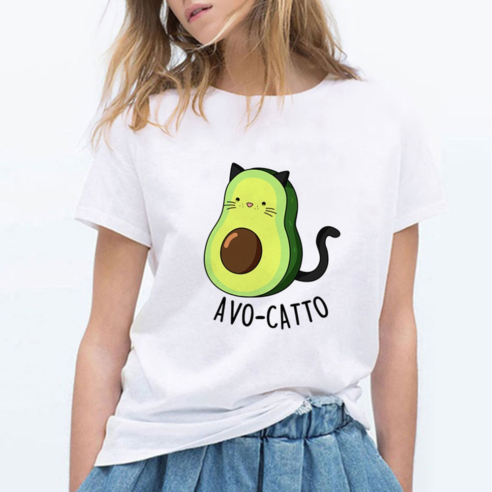 Cartoon Avocado Cat Pattern T Shirt