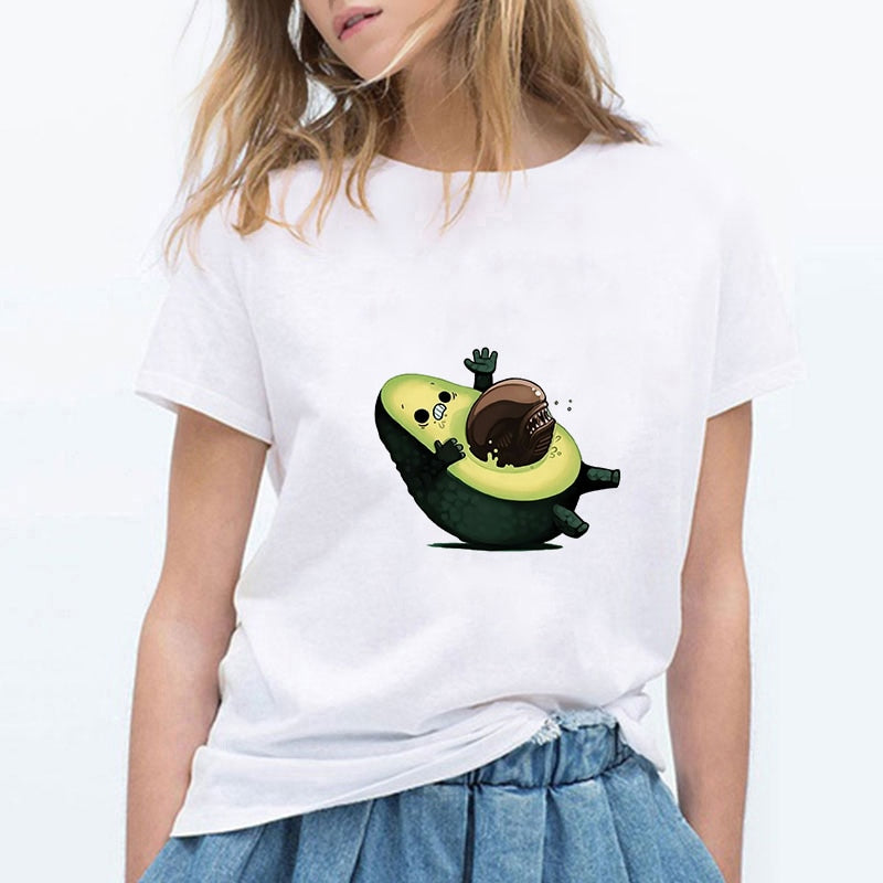 Cartoon Avocado Cat Pattern T Shirt