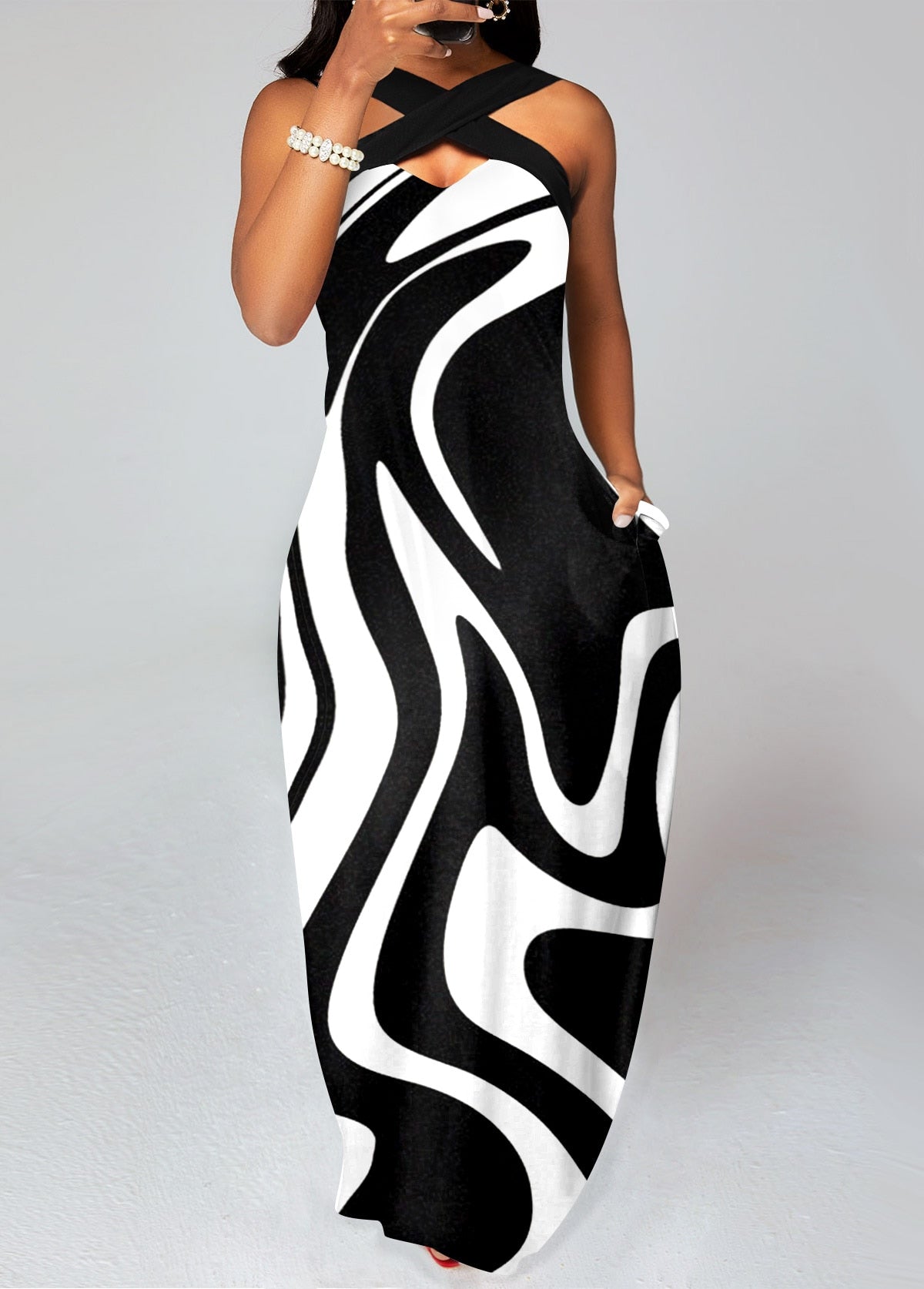 Geometric Print Criss Cross Black And White Maxi Dress