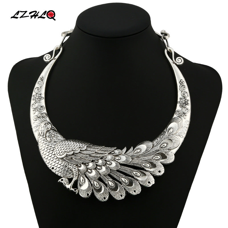 Retro Carved Peacock Collar Choker Statement Necklace