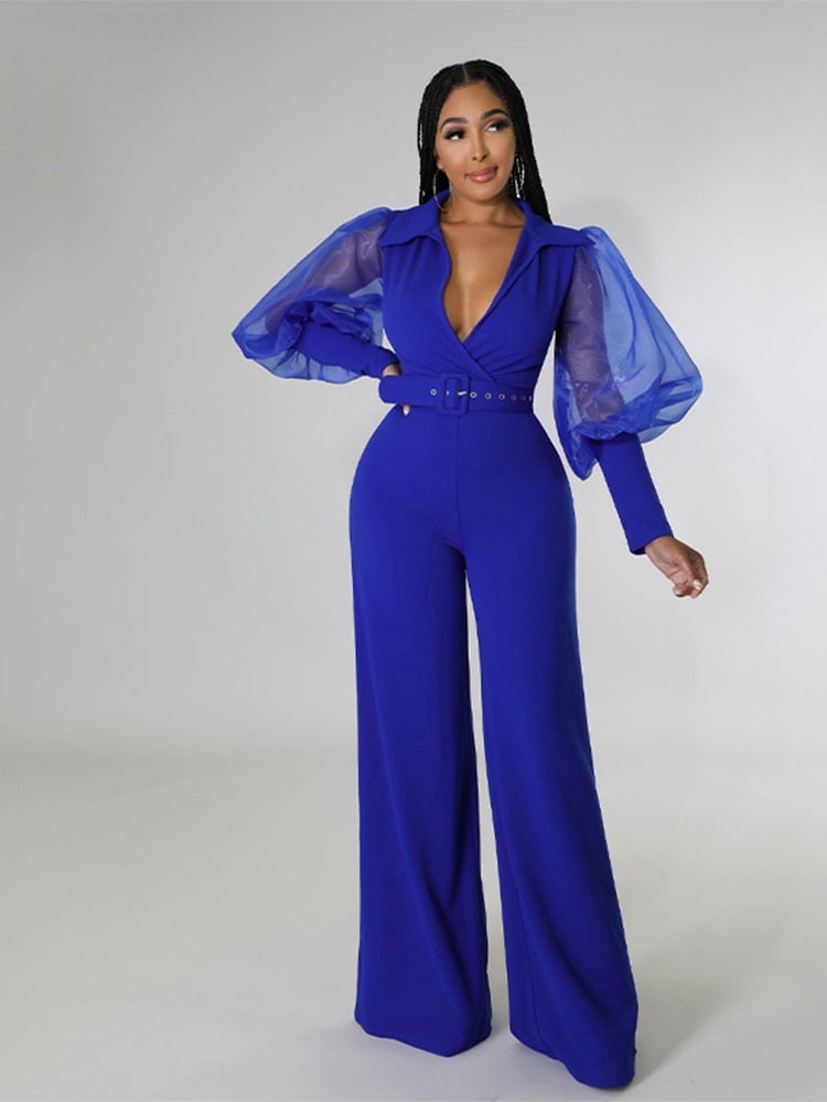 Solid V Neck Mesh Belt One Piece Wide Leg Pants Jumpsuit