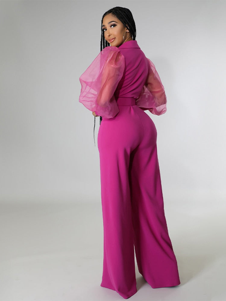 Solid V Neck Mesh Belt One Piece Wide Leg Pants Jumpsuit