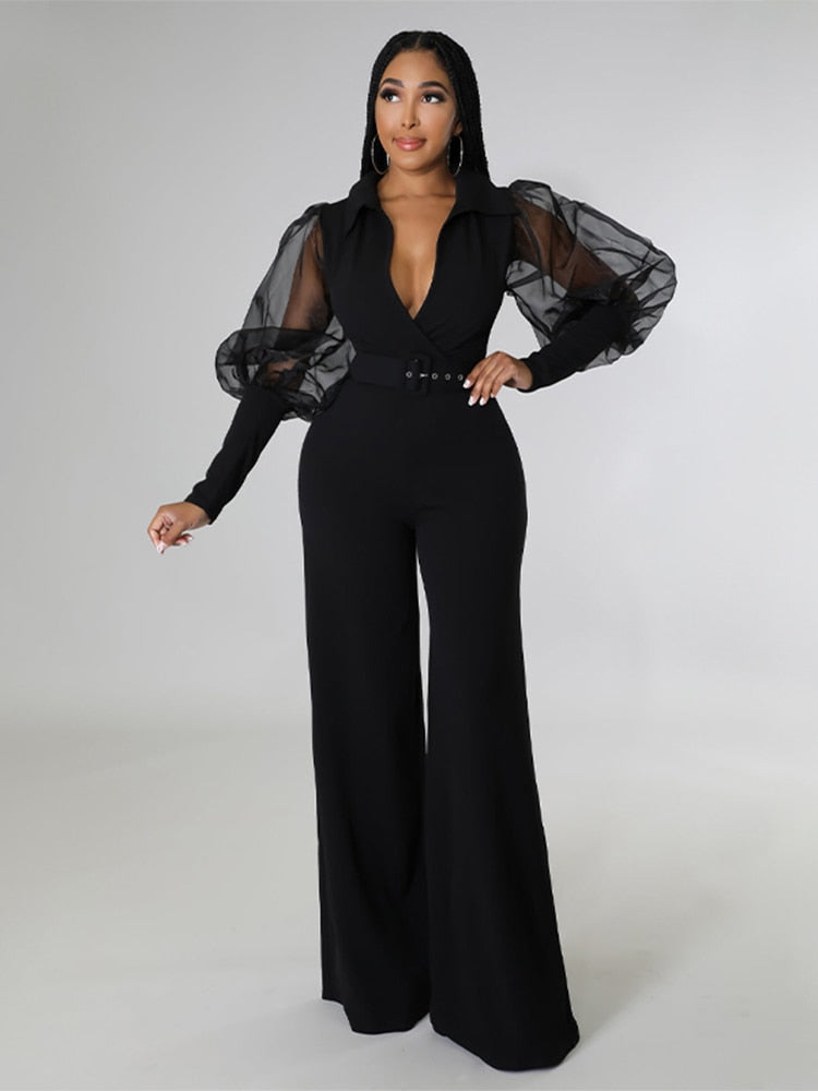 Solid V Neck Mesh Belt One Piece Wide Leg Pants Jumpsuit