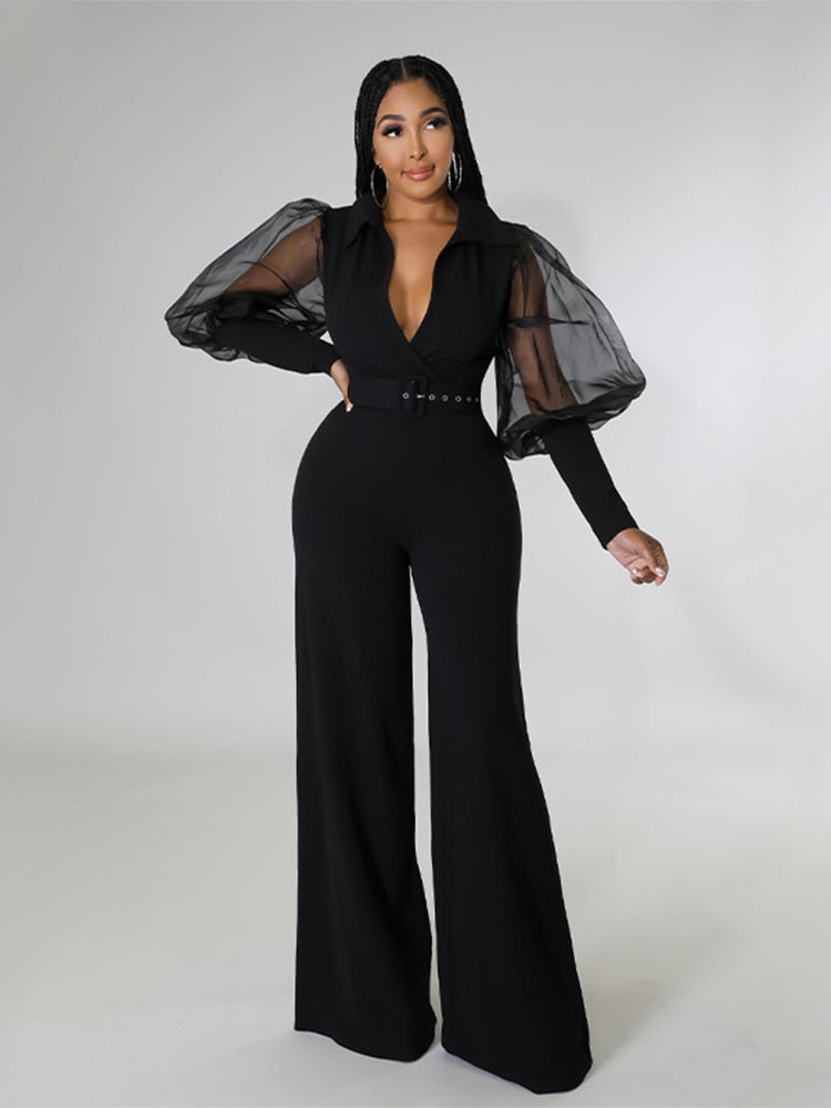 Solid V Neck Mesh Belt One Piece Wide Leg Pants Jumpsuit