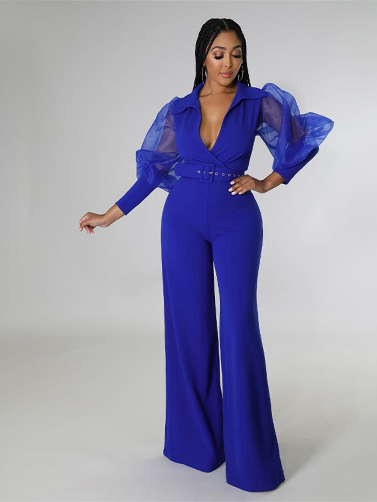 Solid V Neck Mesh Belt One Piece Wide Leg Pants Jumpsuit
