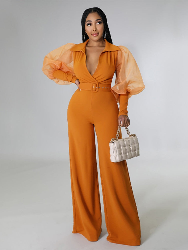 Solid V Neck Mesh Belt One Piece Wide Leg Pants Jumpsuit