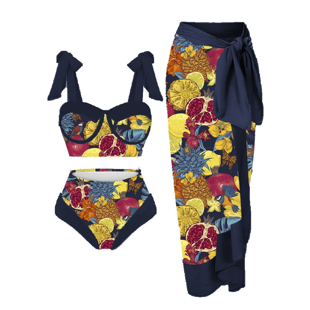 Split Swimsuit Retro Tropical Fruit Mixed Print Summer Beach Spa Resort Swimwear