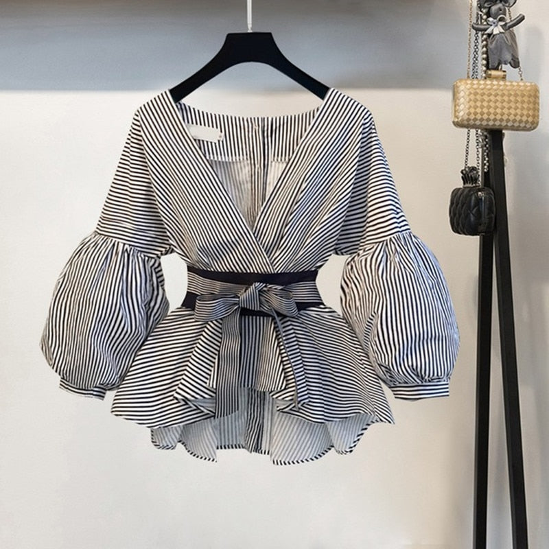 Bow V-neck Striped Lantern Sleeve Blouse