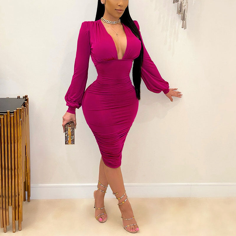 Lantern Sleeve V Neck Bodycon Midi Dress