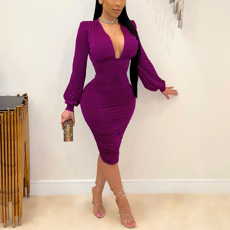 Lantern Sleeve V Neck Bodycon Midi Dress