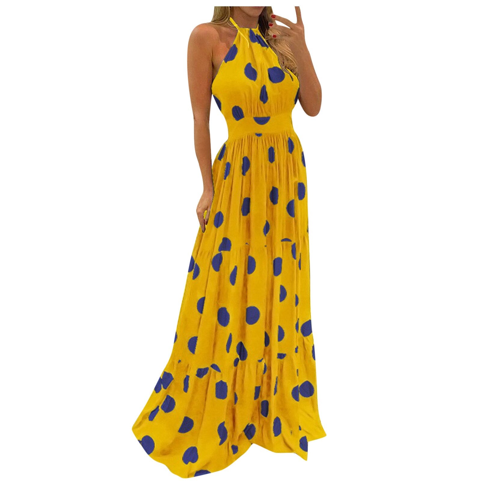 Print Halter Strap Backless Maxi Dresses