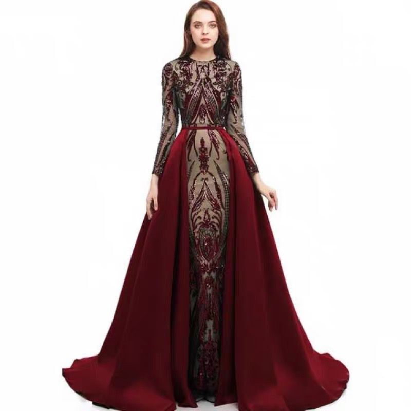 Long Sleeve Evening Dresses With Detachable Train