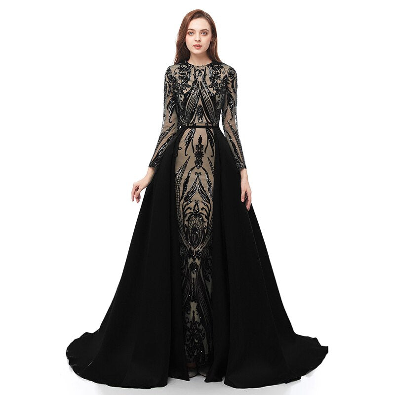 Long Sleeve Evening Dresses With Detachable Train