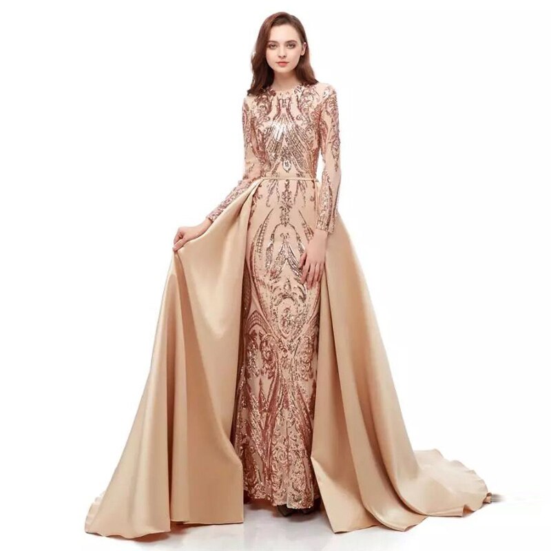 Long Sleeve Evening Dresses With Detachable Train
