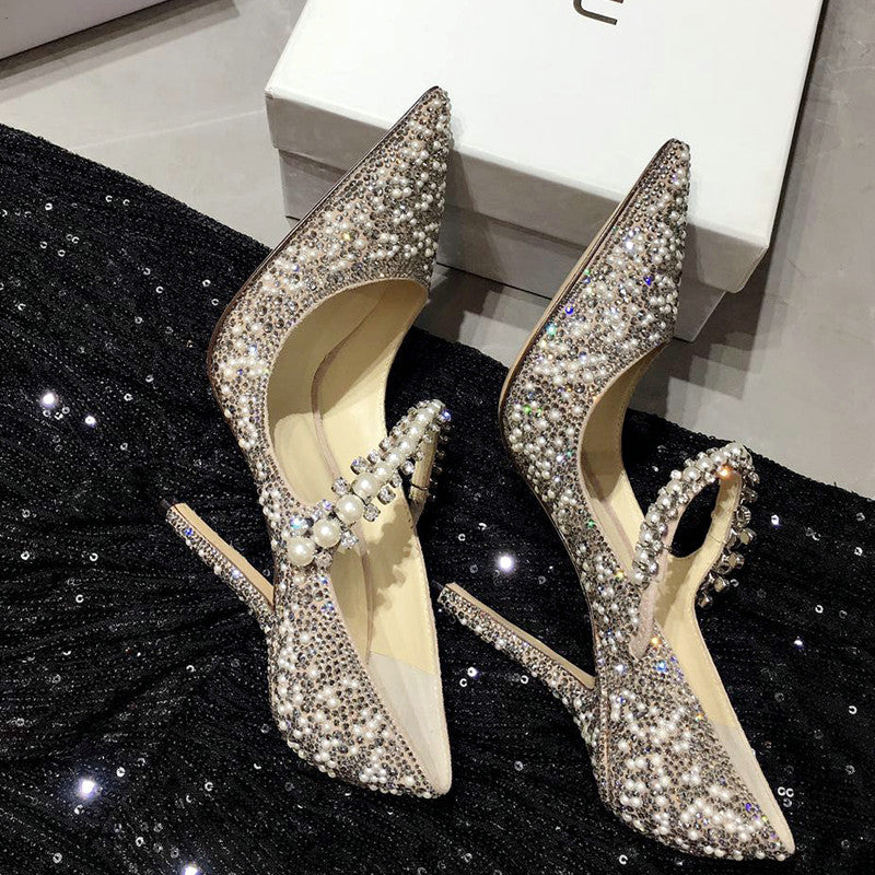 String Bead Pointed Toe High Heels