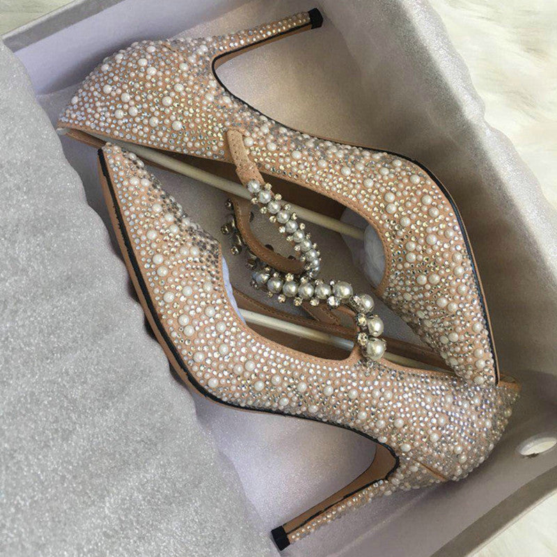 String Bead Pointed Toe High Heels