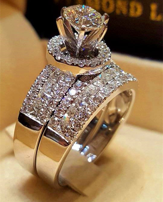 Luxury Crystal Fashion Silver Color Bridal Wedding Ring Set