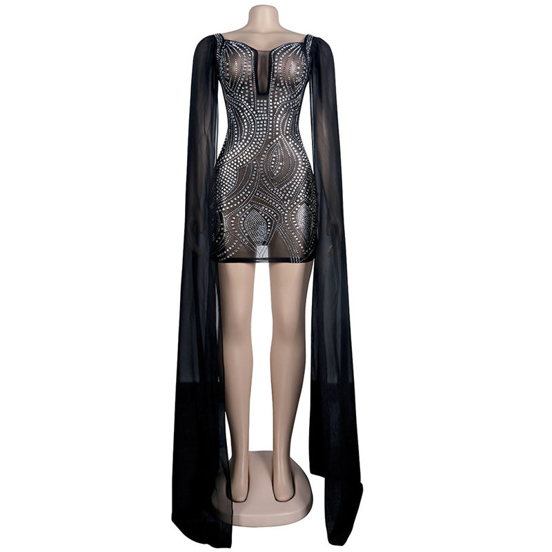 Luxury Sparkly Rhinestone Mesh Sheer Bodycon Mini Dress