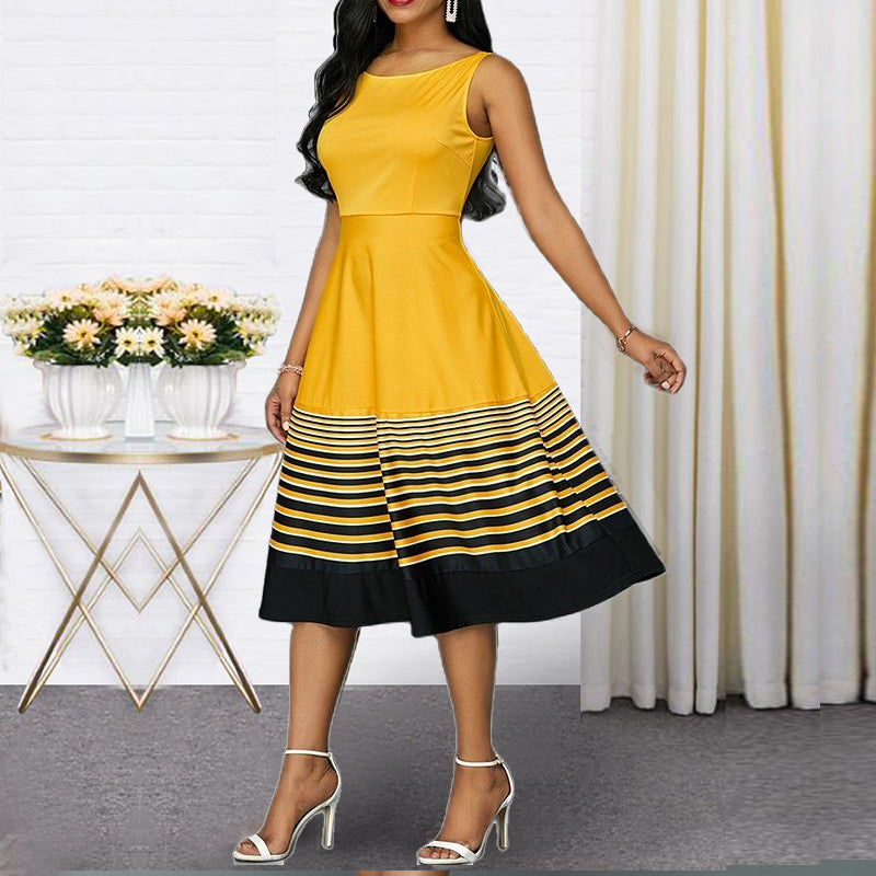 Elegant Sleeveless Round Neck Striped Print A-Line Dress