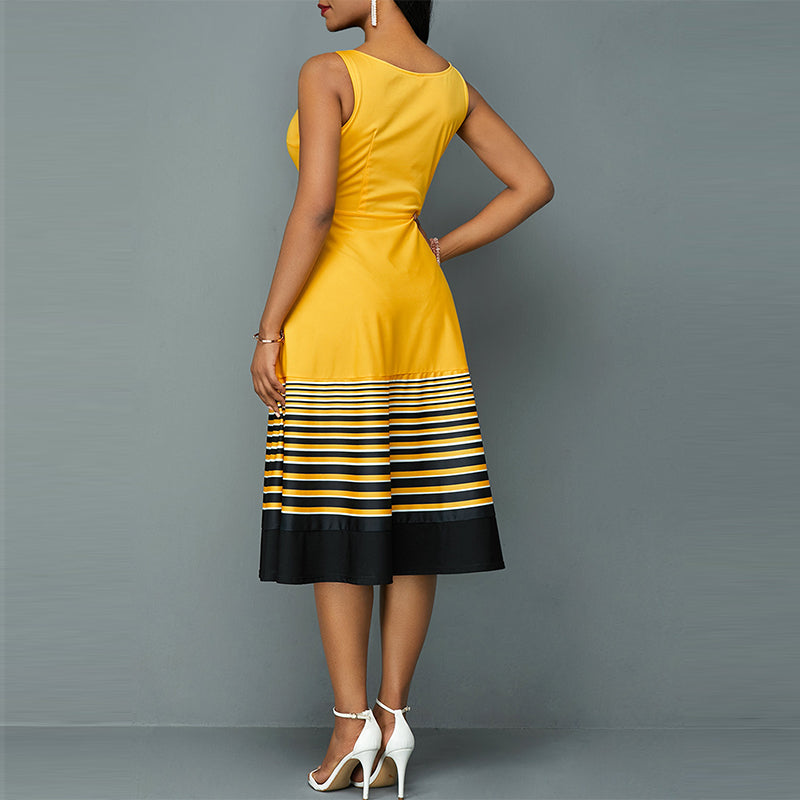 Elegant Sleeveless Round Neck Striped Print A-Line Dress