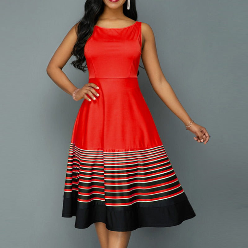 Elegant Sleeveless Round Neck Striped Print A-Line Dress