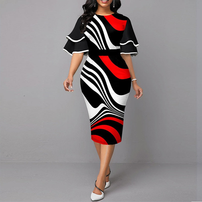 Ruffle Sleeves Slim Fit Colorblock Bodycon Dress