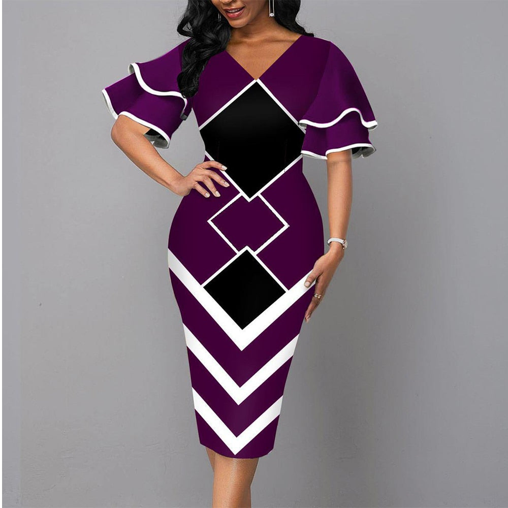 Ruffle Sleeves Slim Fit Colorblock Bodycon Dress