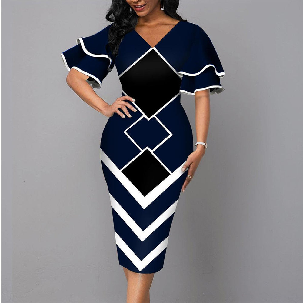 Ruffle Sleeves Slim Fit Colorblock Bodycon Dress