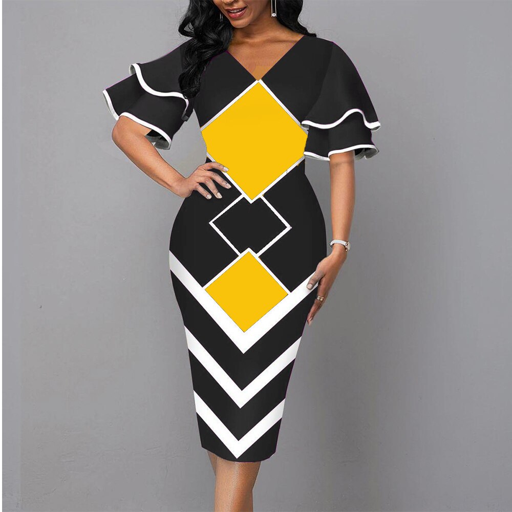 Ruffle Sleeves Slim Fit Colorblock Bodycon Dress