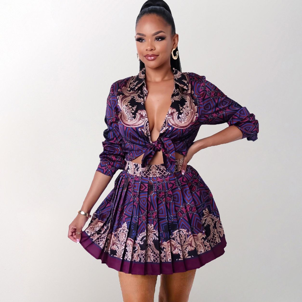 Printed Long Sleeve Pleated Square Neck Dress 2-piece Set